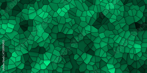 Abstract green color broken stained-glass background with black line. geometric seamless pattern with 3d shapes triangle background. colorful low poly crystal mosaic and tiles background pattern.