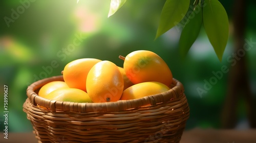 Ripe apricots in a basket on a wooden table against the blurred background