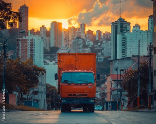 An orange cargo truck with its back to the screen, on a city background in southern Brazil