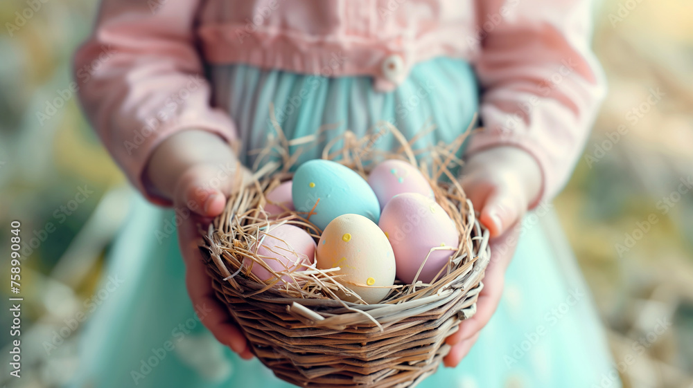 Child Holding a Basket of Painted Easter Eggs Child Holding a Basket of Painted Easter Eggs