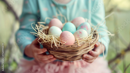 Child Holding a Basket of Painted Easter Eggs