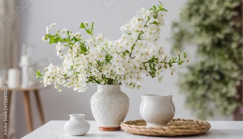 home interior with white flowers in a vase on a light background for product display