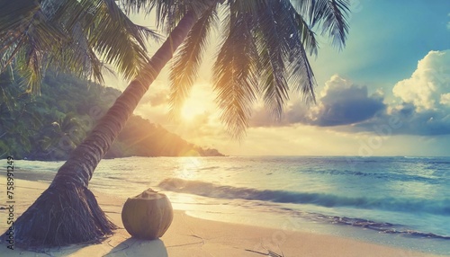 Fototapeta Naklejka Na Ścianę i Meble -  idyllic palm-tree paradise beach background - beautiful tropical landscape at sunset in the inviting soft light