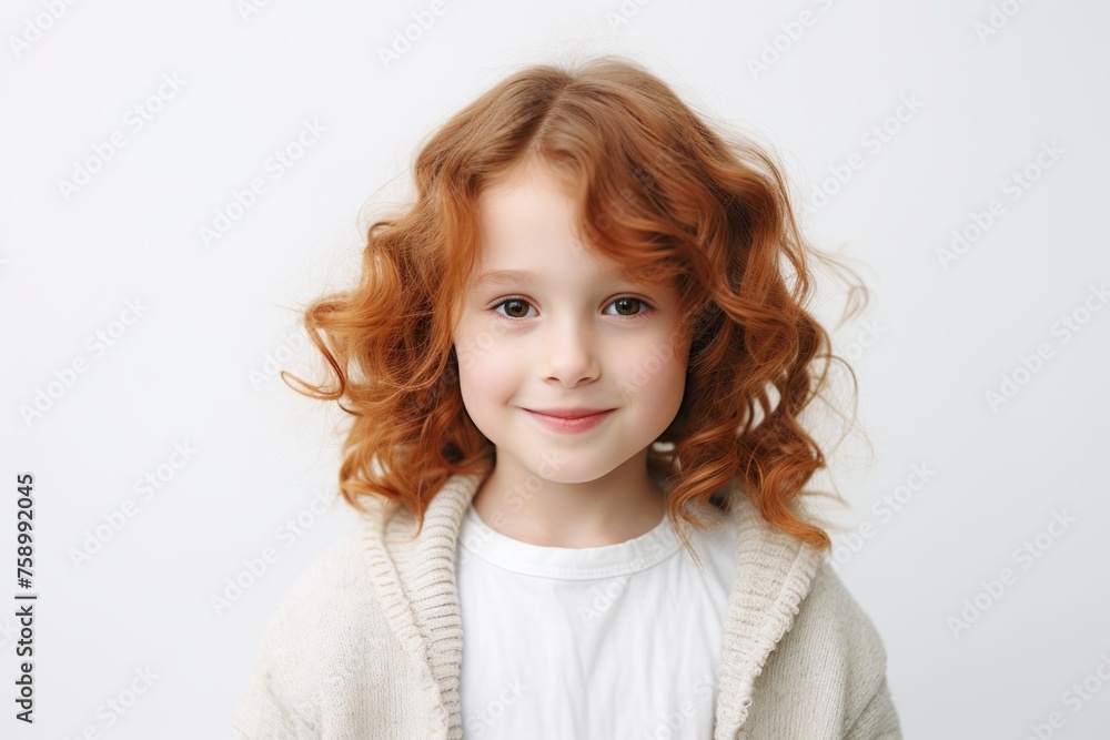 Portrait of adorable redhead girl with freckles on her face, looking at camera and smiling, over white background Portrait of adorable redhead girl with freckles on her face, looking at camera and smiling, over white background