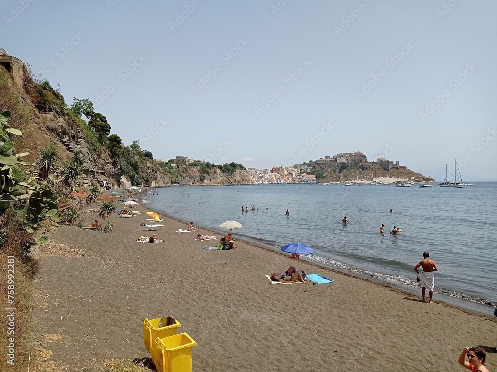 Fototapeta premium Chiaia beach on a balmy day in Procida, Gulf of Naples, Italy