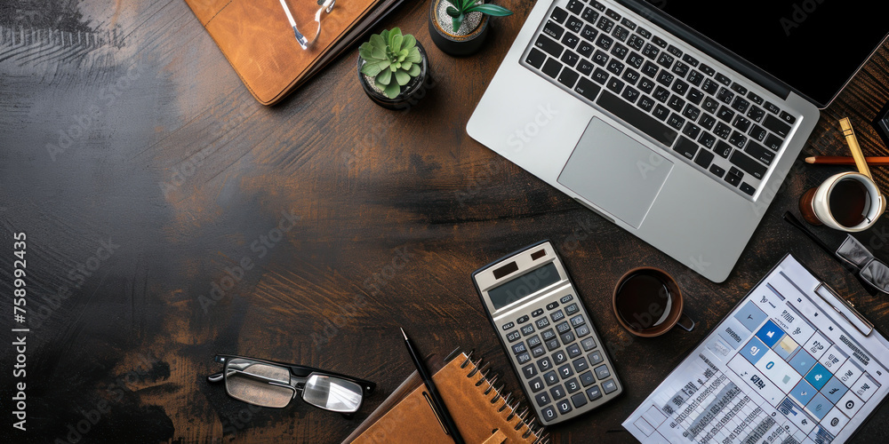 custom made wallpaper toronto digitalaccounting work space with calculator, profit and tables on dark desk top view mock-up