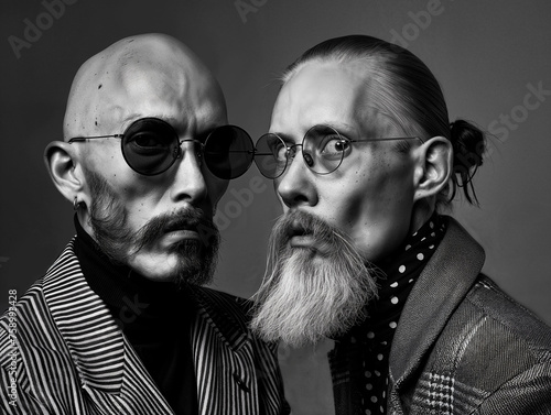 dos hombres con gafas posan juntos para una foto en blanco y negro
