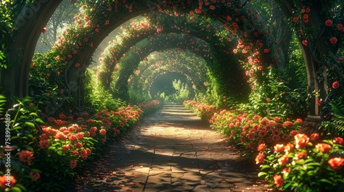 Flower-Lined Pathway Next to Lush Green Forest