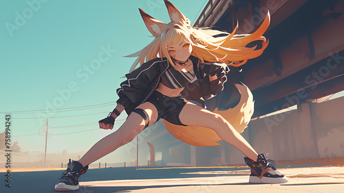 Impressive action fox tail anime girl, 2d illustration