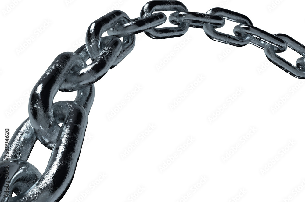 Fototapeta premium Metal chain links. 3d rendering illustration isolated on white background, 3d render realistic chain in chrome