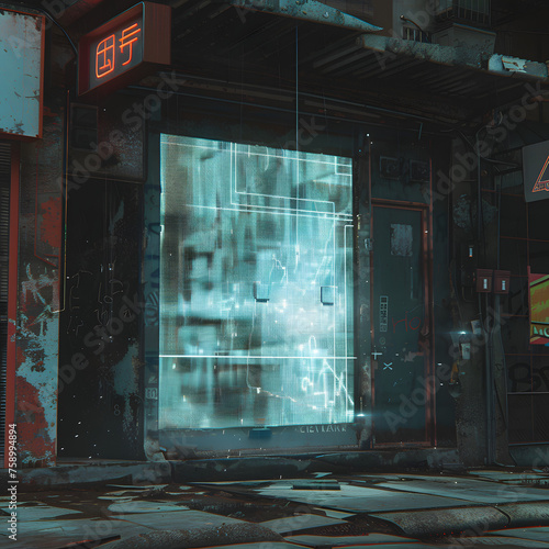 Glitching Hologram Flickering on Abandoned Storefront, Creating a Haunting Futuristic Scene Generative AI