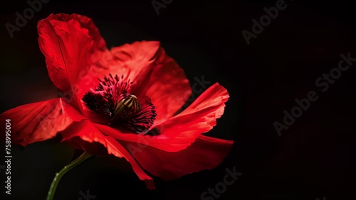 Red poppy flower on black background. Remembrance Day, Armistice Day, Anzac day symbol, floral, flora, blossom, closeup, garden, bloo photo