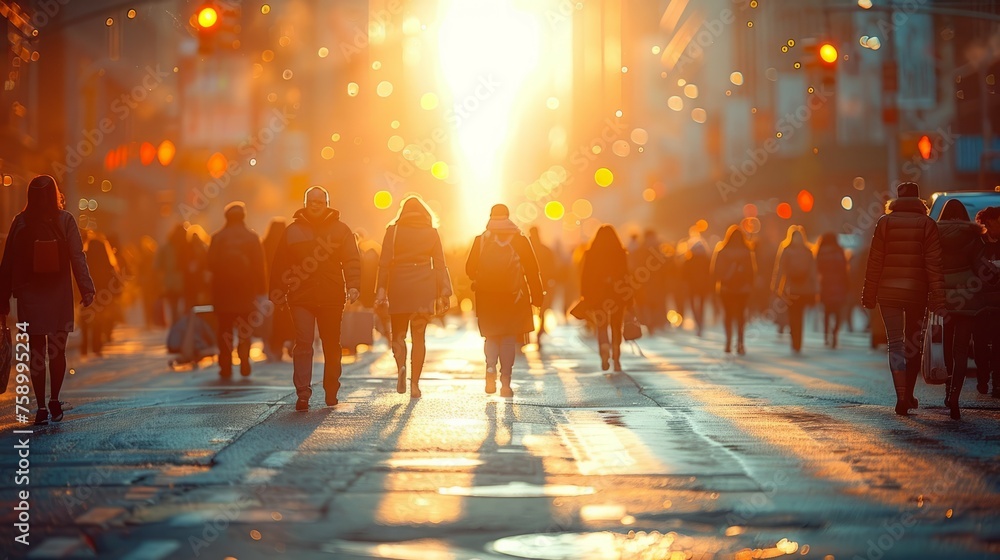 Group of People Walking Down Street at Sunset