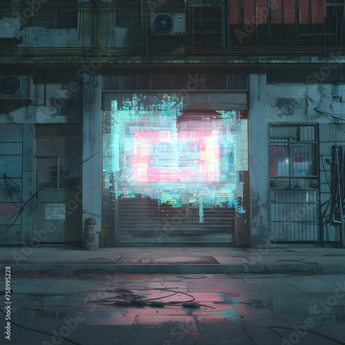 Glitching Hologram Flickering on Abandoned Storefront, Creating a Haunting Futuristic Scene Generative AI