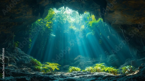 Green Plant-Filled Cave