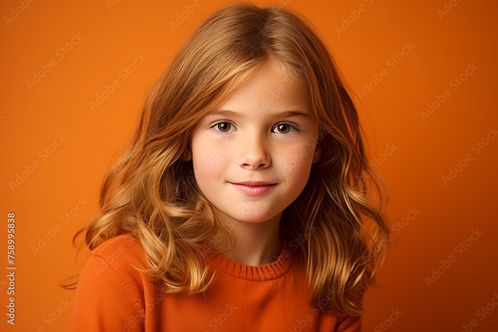 Portrait of a cute little girl with long blond hair on orange background Portrait of a cute little girl with long blond hair on orange background