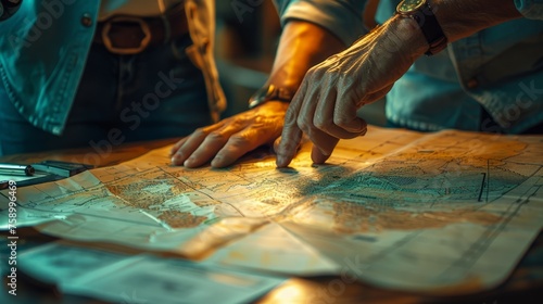 Person Pointing at Map on Table
