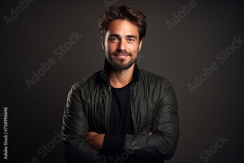 Portrait of a handsome young man in a leather jacket on a dark background.