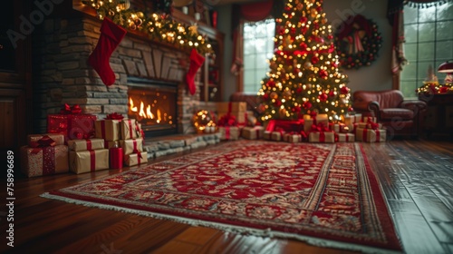 Festive Living Room With Christmas Tree and Presents © Ilugram