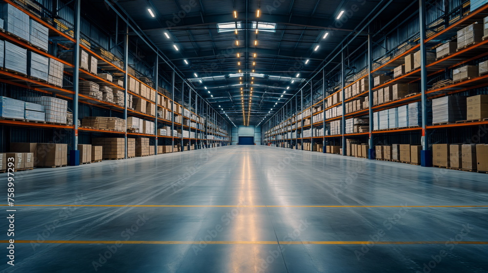 vast warehouse filled with rows of shelves stacked high with various items, showcasing a bustling storage facility