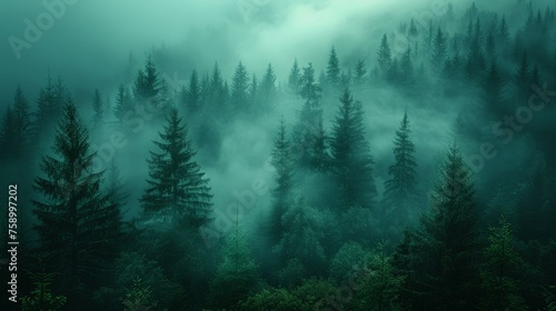 Dense Fog Engulfs Lush Forest
