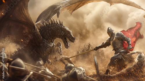 A lone warrior confronts a dragon breathing fire with an army engaged in battle around them as dusk falls