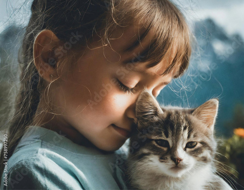 Uma menina, criança, carinhosamente abraçada com um gato.  photo