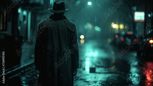 Man in Trench Coat and Hat Walking Down Night Street