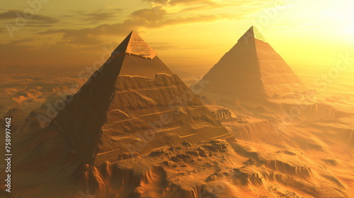 sun sets behind the Pyramids of Giza  casting a warm glow amidst a swirling sandstorm