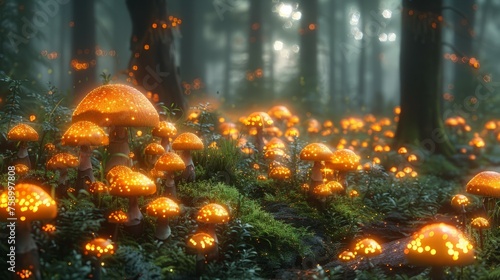 Enchanted Forest Filled With Glowing Mushrooms