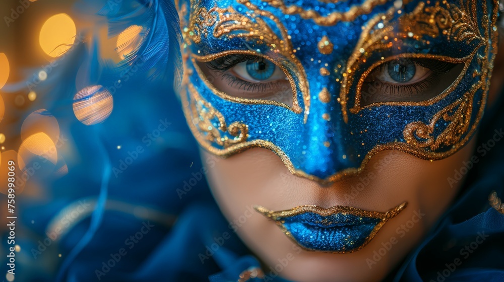 Close Up of Person Wearing Blue and Gold Mask