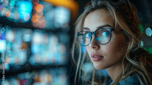 Woman in Glasses Observing Slot Machine