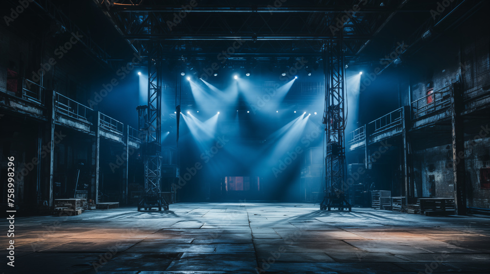 Industrial stage with blue spotlights and scaffolding