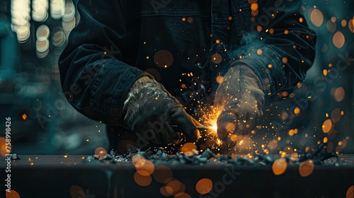 Worker executing welding job with spark burst