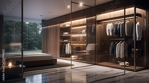 Modern luxury stylish dark brown wood walk in closet  minimal walk in wardrobe dressing room interior.