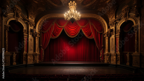 Classic Theater Interior with Red Velvet Curtains and Chandeliers