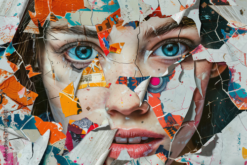 fashion collage of torn paper with colorful patterns and the face of an attractive woman