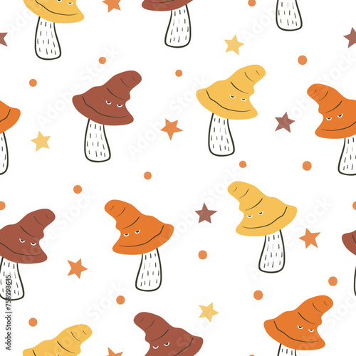 Cute mushrooms with eyes seamless pattern. Funny print