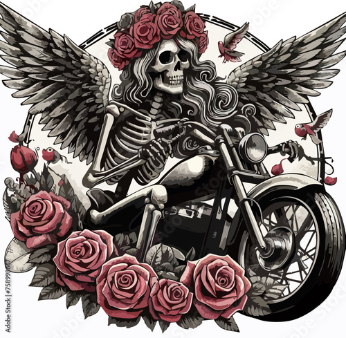 Skeleton woman with wings, with long curly gray hair, in a wreath of roses, on a motorcycle