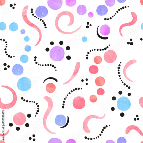 Abstract celebration background with watercolor circles and dots. Colorful vector seamless pattern