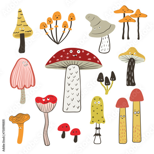 Cartoon mushrooms set. Vector funny mushroom characters with eyes