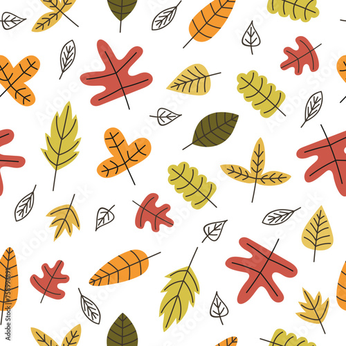 Cartoon Autumn leaves pattern. Vector hand drawn seamless fall background with abstract leaves	