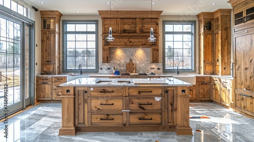 Large Kitchen With Wooden Cabinets and Marble Countertops