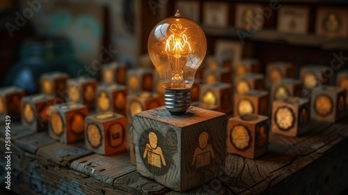 Light Bulb on Wooden Block