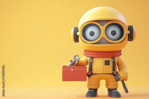 Create a 3D cartoon character of a cute soldier armed with a mini toolbox to combat computer viruses. cute animation