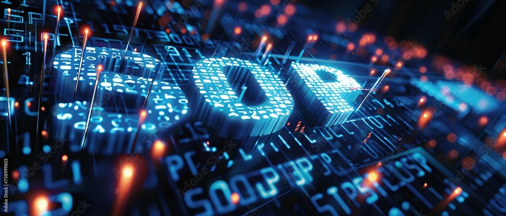 Fototapeta premium Digital blue matrix binary code forms the acronym SOP , symbolizing the concept of Standard Operating Procedure. 