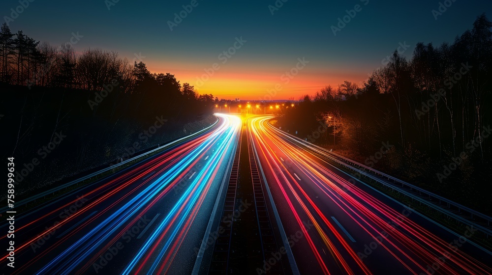 Light Trails on Busy Highway at Night
