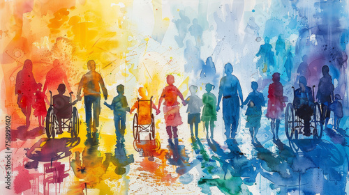 acquerello colorato con un gruppo eterogeneo di persone con disabilità, giornata della disabilità, sensibilizzazione per il mondo diversamente abile, autismo