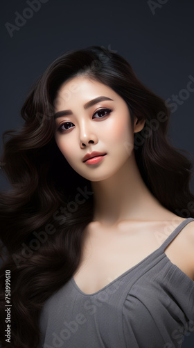 Banner for websites. Beautiful Korean girl with long curly hair on a dark gray background. Advertising concept for Korean cosmetics and hair care products, shampoos and hair conditioners.