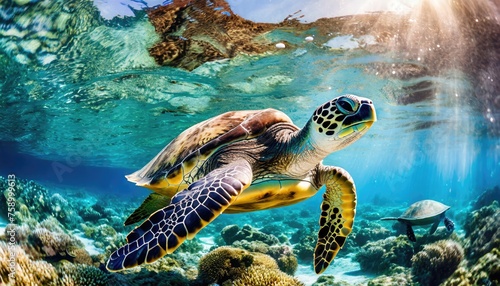 Underwater photographs of swimming sea turtles. Generated with AI © maticsandra